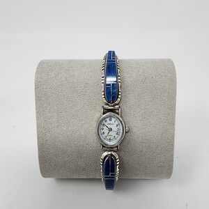 Vintage Lapis Inlay Oval Sterling Silver Expandable‎ Women's Navajo Quartz Watch